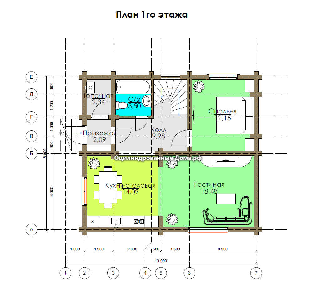 План  1го этажа дома из оцилиндрованного бревна Крекшино