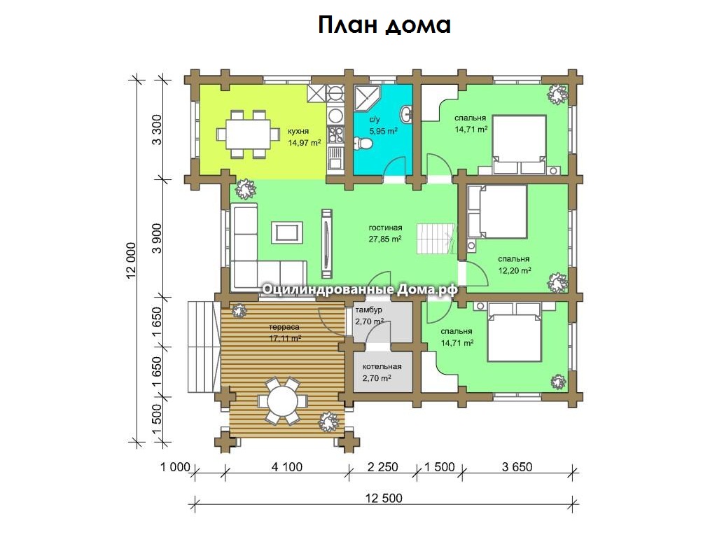 Одноэтажный дом из бревна "Калязин" - 134м2(12м х 13м)